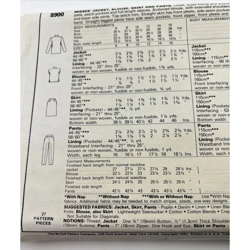 8900 Vintage McCall's SEWING Pattern Misses 1984 Jacket Blouse Skirt Pants